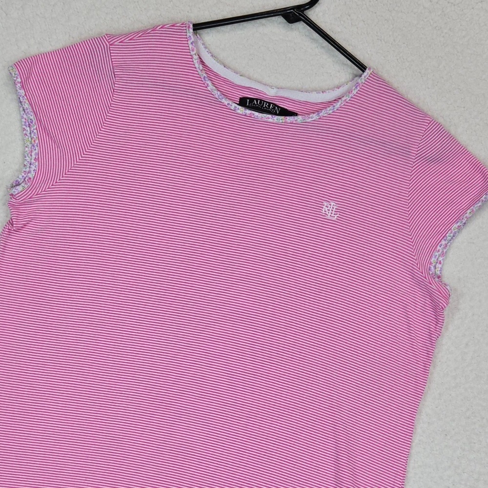 Lauren Ralph Lauren Women M Pink White Striped Tee LRL Logo Top
